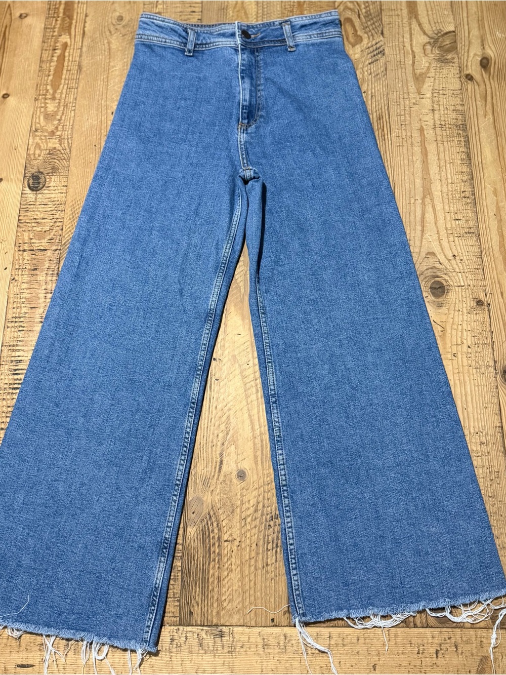 Zara Wide-Leg Flare Jeans in Medium Blue Denim 6